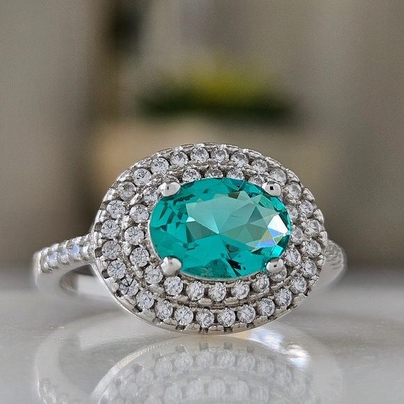Double Halo Oval Turquoise Gemstone Ring, 925 Sterling Silver Charmed Aroma - Picture 3 of 8